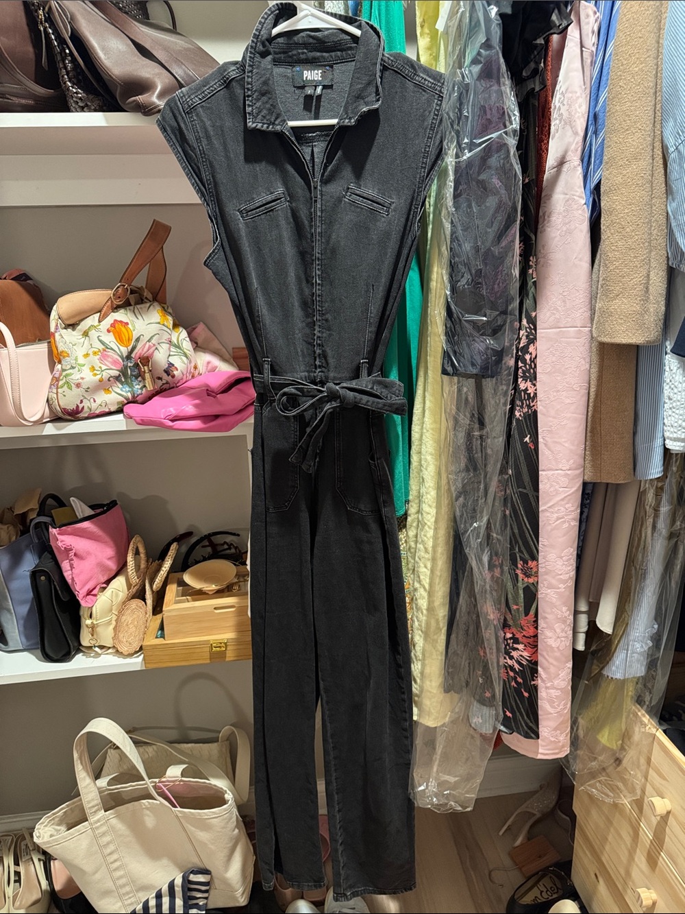 PAIGE Black Sleeveless Denim Jumpsuit with Tie Waist
